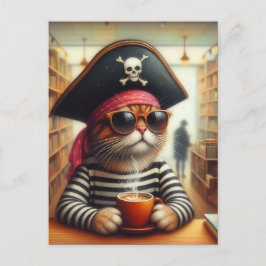 Sweet Kat Pirate met een kopje koffie in een boekw Briefkaart