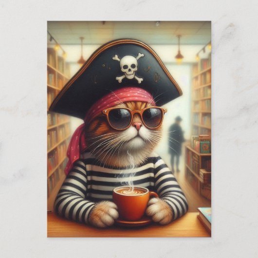 Sweet Kat Pirate met een kopje koffie in een boekw Briefkaart (Voorkant)