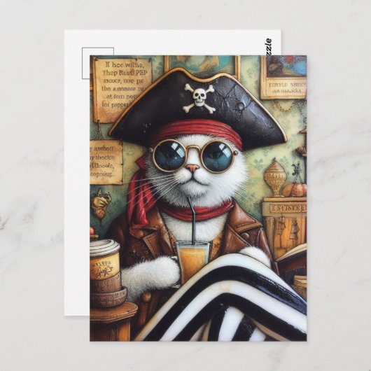Sweet Kat Pirate met koffie in een Antiek winkel Briefkaart (Voorkant / Achterkant)