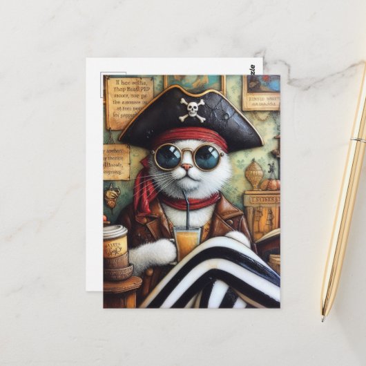 Sweet Kat Pirate met koffie in een Antiek winkel Briefkaart (Voorkant / Achterkant in situ)