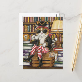 Sweet Kat Pirate met koffie in een boekwinkel Briefkaart