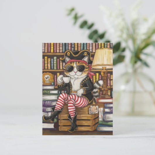 Sweet Kat Pirate met koffie in een boekwinkel Briefkaart (Staand voorkant)
