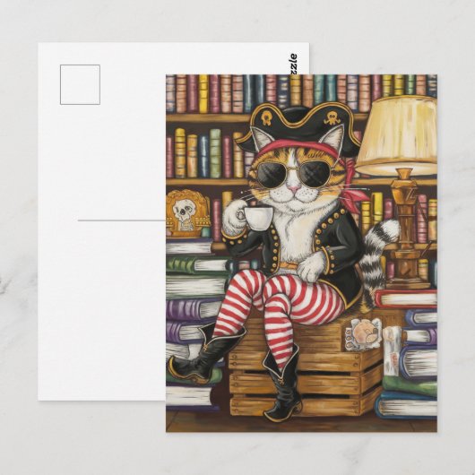 Sweet Kat Pirate met koffie in een boekwinkel Briefkaart (Voorkant / Achterkant)