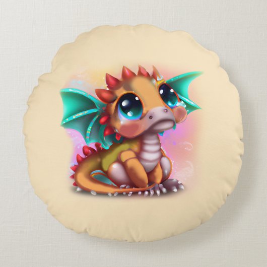 Sweet Kawaii Baby Dragon Rond Kussen (Voorkant)