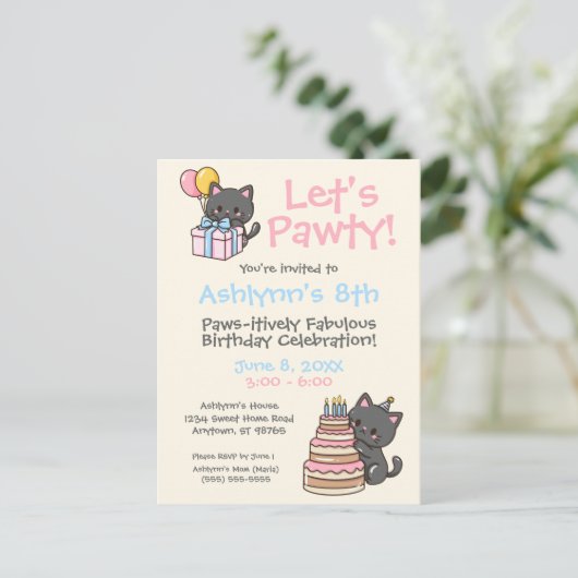 Sweet Kawaii Black Cat verjaardagsfeestje Briefkaart (Staand voorkant)