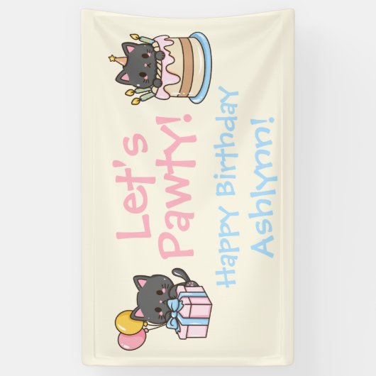 Sweet Kawaii Black Cat verjaardagsfeestje Spandoek (Verticaal)