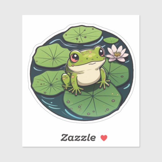 Sweet Kawaii Frog op Lily Pad Sticker, Cute Frog Sticker (Vel)