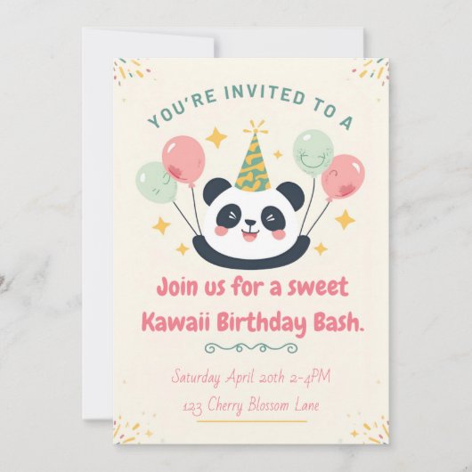 Sweet Kawaii Panda Birthday Bash Invitation Kaart (Voorkant)
