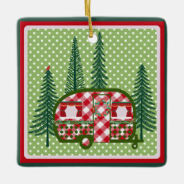 Sweet kerstkerst met kampeerwagen keramisch ornament
