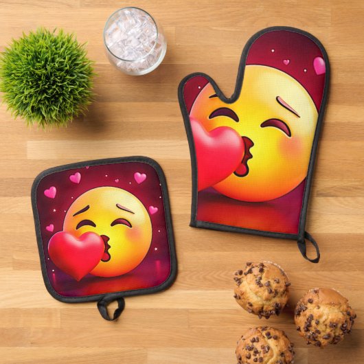 Sweet Kiss Heart Emoji Ovenwant & Pannenlap Set (Top down)