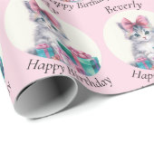 Sweet Kitten Big Pink Bow Verjaardagsnaam toevoege Cadeaupapier (Rol Hoek)
