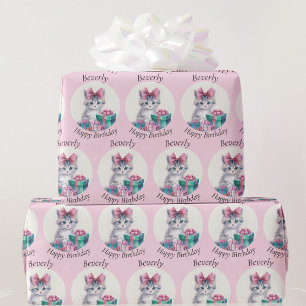 Sweet Kitten Big Pink Bow Verjaardagsnaam toevoege Cadeaupapier