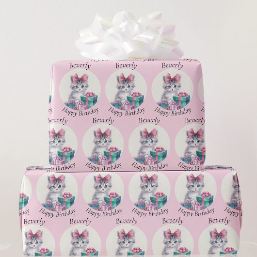 Sweet Kitten Big Pink Bow Verjaardagsnaam toevoege Cadeaupapier