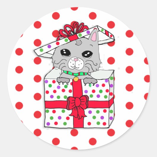 Sweet Kitten in kerstcadeaudoos met pokadots Ronde Sticker (Voorkant)