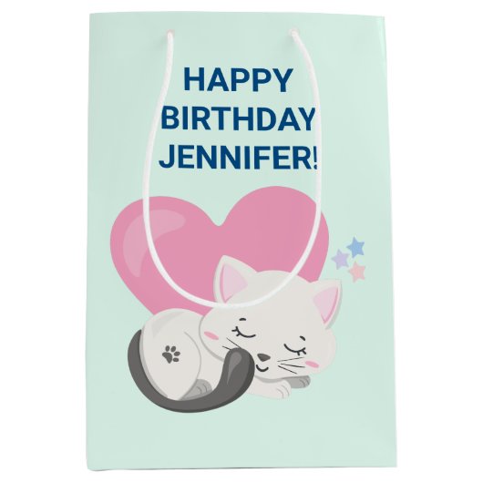 Sweet Kitty Cat Slapen met een groot hart achterin Medium Cadeauzakje (Voorkant)