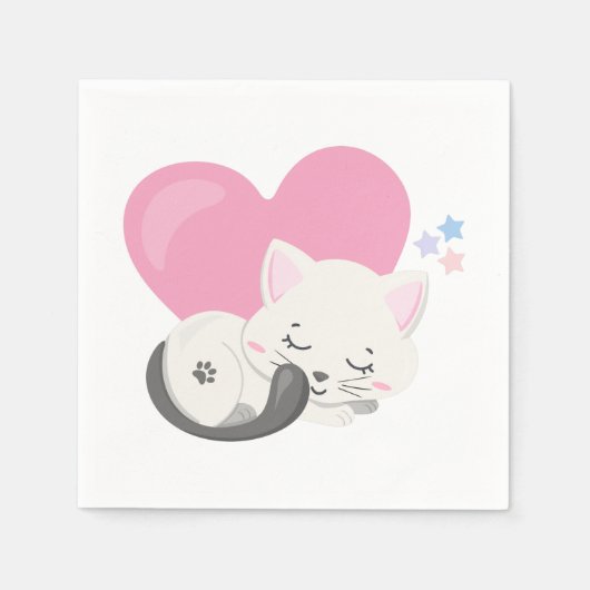 Sweet Kitty Cat Slapen met een groot hart achterin Servet (Voorkant)