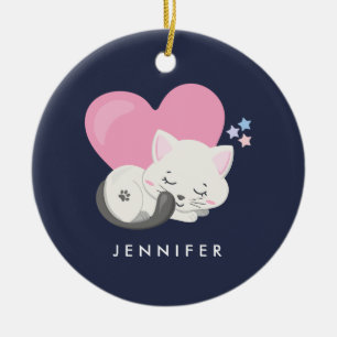 Sweet Kitty Cat Slapen met een groot roze hart Keramisch Ornament