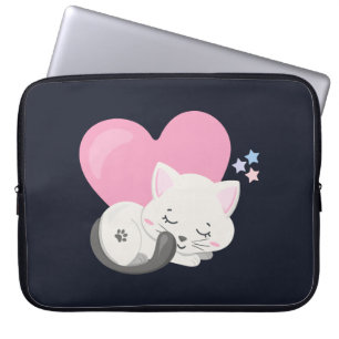 Sweet Kitty Cat Slapen met een groot roze hart Laptop Sleeve