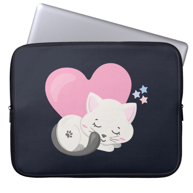 Sweet Kitty Cat Slapen met een groot roze hart Laptop Sleeve (Voorkant)