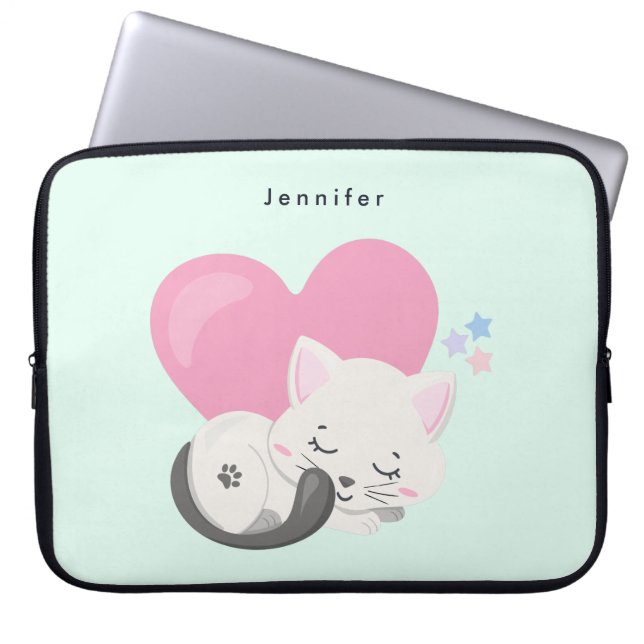 Sweet Kitty Cat Slapen met een groot roze hart Laptop Sleeve (Voorkant)
