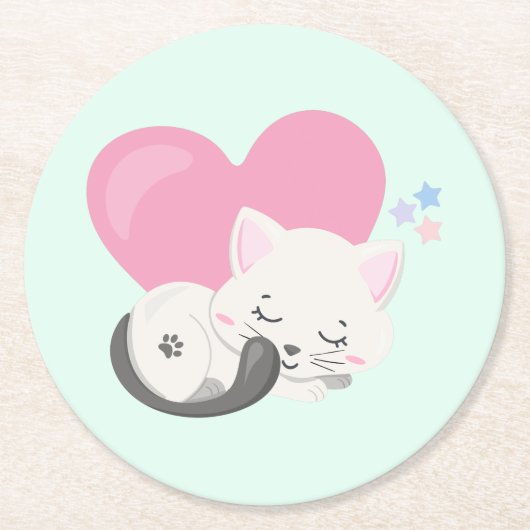 Sweet Kitty Cat Slapen met een groot roze hart Ronde Kartonnen Onderzetter (Voorkant)