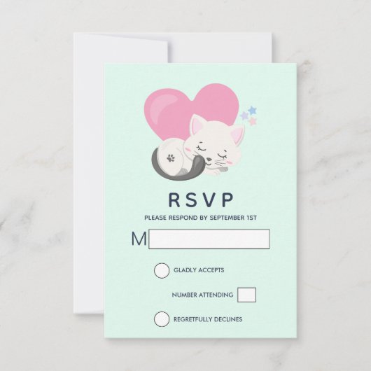 Sweet Kitty Cat Slapen met een groot roze hart RSVP Kaartje (Voorkant)