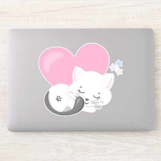 Sweet Kitty Cat Slapen met een groot roze hart Sticker (Computer)