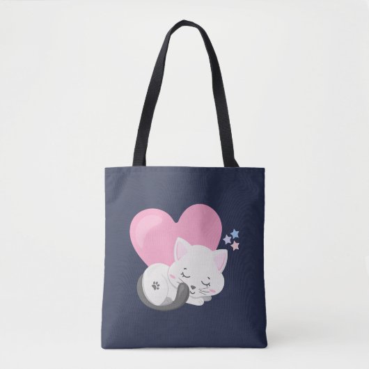 Sweet Kitty Cat Slapen met een groot roze hart Tote Bag (Voorkant)