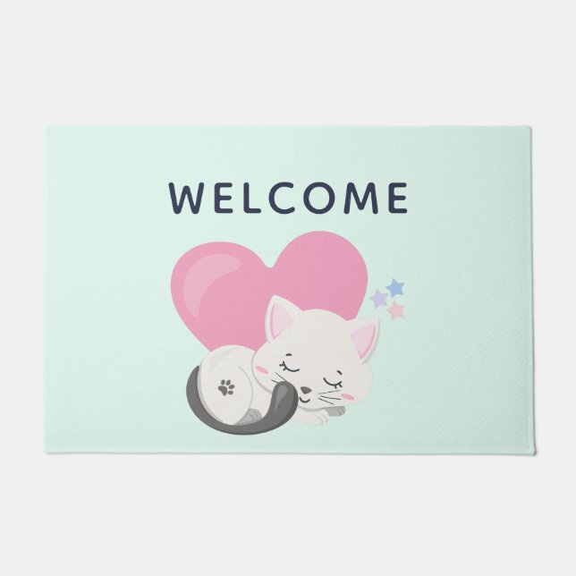 Sweet Kitty Cat Slapen met een roze hartslag Welko Deurmat (Voorkant)