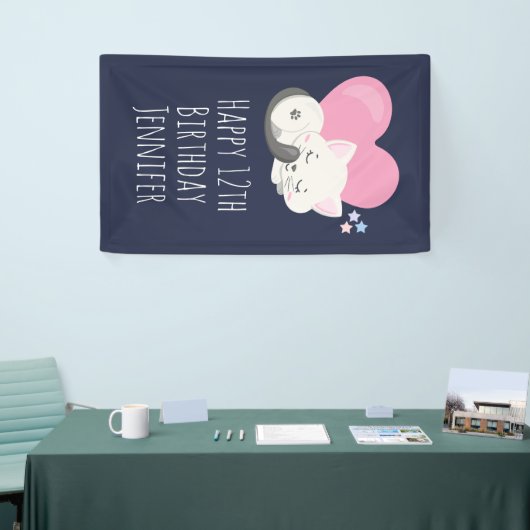 Sweet Kitty Cat Slapen met roze hart Birthday Spandoek (Beurs)