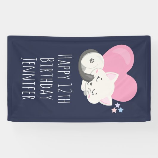 Sweet Kitty Cat Slapen met roze hart Birthday Spandoek (Horizontaal)