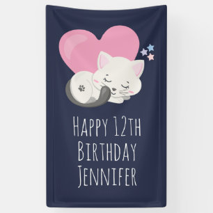 Sweet Kitty Cat Slapen met roze hart Birthday Spandoek