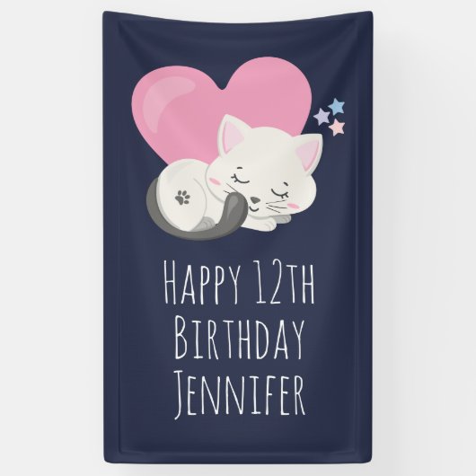 Sweet Kitty Cat Slapen met roze hart Birthday Spandoek (Verticaal)