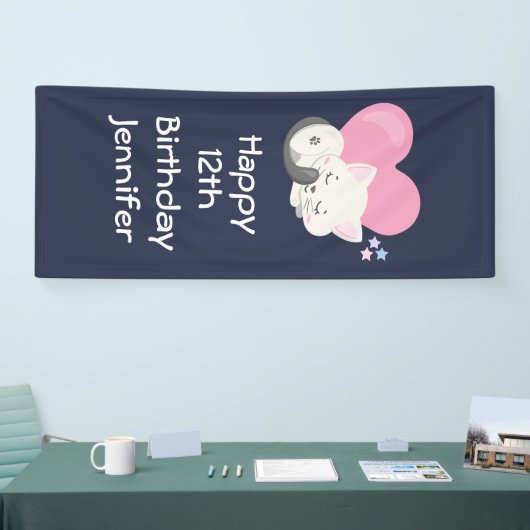 Sweet Kitty Cat Slapen met roze hart Birthday Spandoek (Beurs)