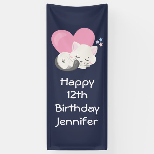 Sweet Kitty Cat Slapen met roze hart Birthday Spandoek (Verticaal)