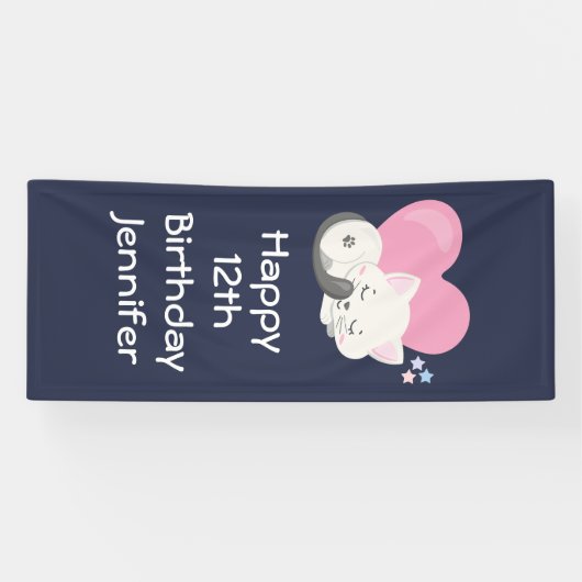 Sweet Kitty Cat Slapen met roze hart Birthday Spandoek (Horizontaal)