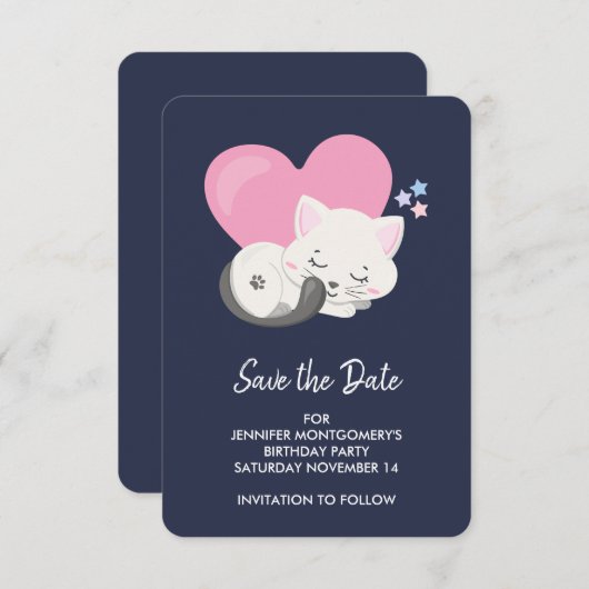 Sweet Kitty kat slapen met een groot hart Save The Date (Voorkant / Achterkant)
