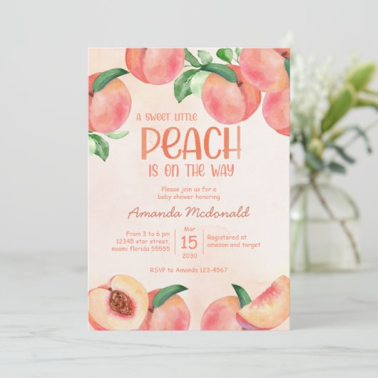 Sweet kleine perzik baby shower Uitnodiging (Staand voorkant)