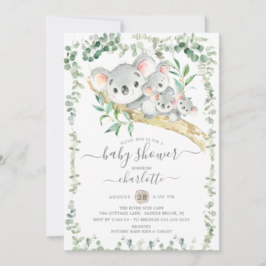 Sweet Koala Beren Triplets Baby shower Uitnodiging (Voorkant)