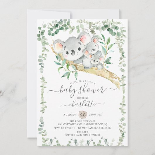 Sweet Koala Beren Twins Baby shower Uitnodiging (Voorkant)