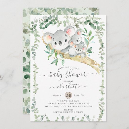 Sweet Koala Beren Twins Baby shower Uitnodiging (Voorkant / Achterkant)