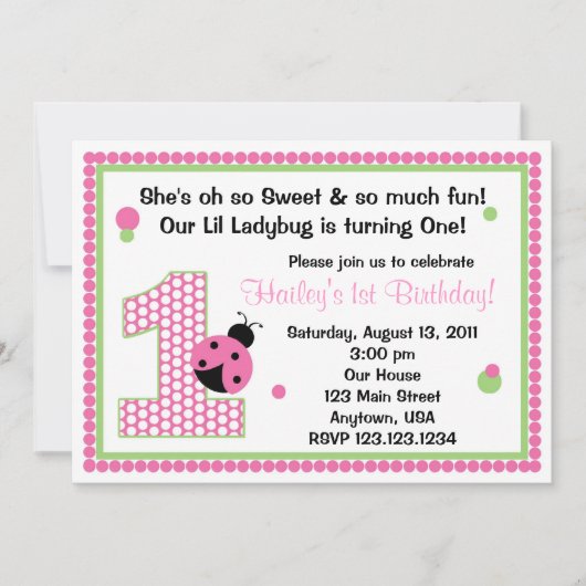 Sweet Ladybug First Birthday Invitation Kaart (Voorkant)