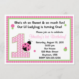 Sweet Ladybug First Birthday Invitation Kaart