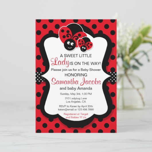 Sweet Ladybug Girl Baby shower Invitation Kaart (Staand voorkant)