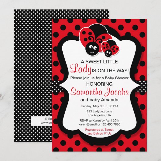 Sweet Ladybug Girl Baby shower Invitation Kaart (Voorkant / Achterkant)