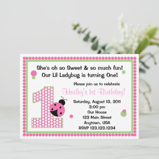 Sweet Ladybug Pink Birthday Invitation Kaart (Staand voorkant)