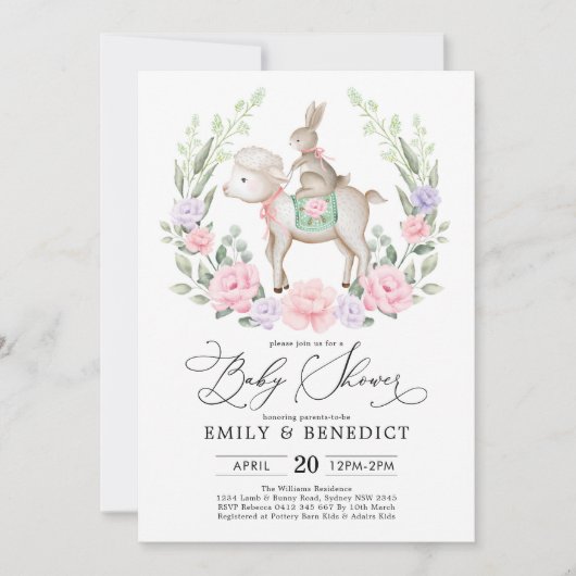 Sweet Lamb en Bunny Rabbit Soft Floral Baby shower Kaart (Voorkant)