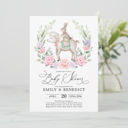 Sweet Lamb en Bunny Rabbit Soft Floral Baby shower Kaart (Staand voorkant)