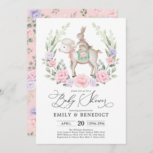 Sweet Lamb en Bunny Rabbit Soft Floral Baby shower Kaart (Voorkant / Achterkant)