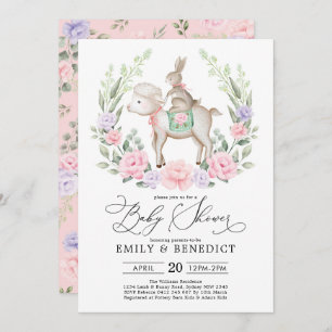 Sweet Lamb en Bunny Rabbit Soft Floral Baby shower Kaart